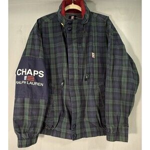 Chaps Ralph Lauren Plaid Harrington Jacket Mens Large Navy Green Full Zip Casual